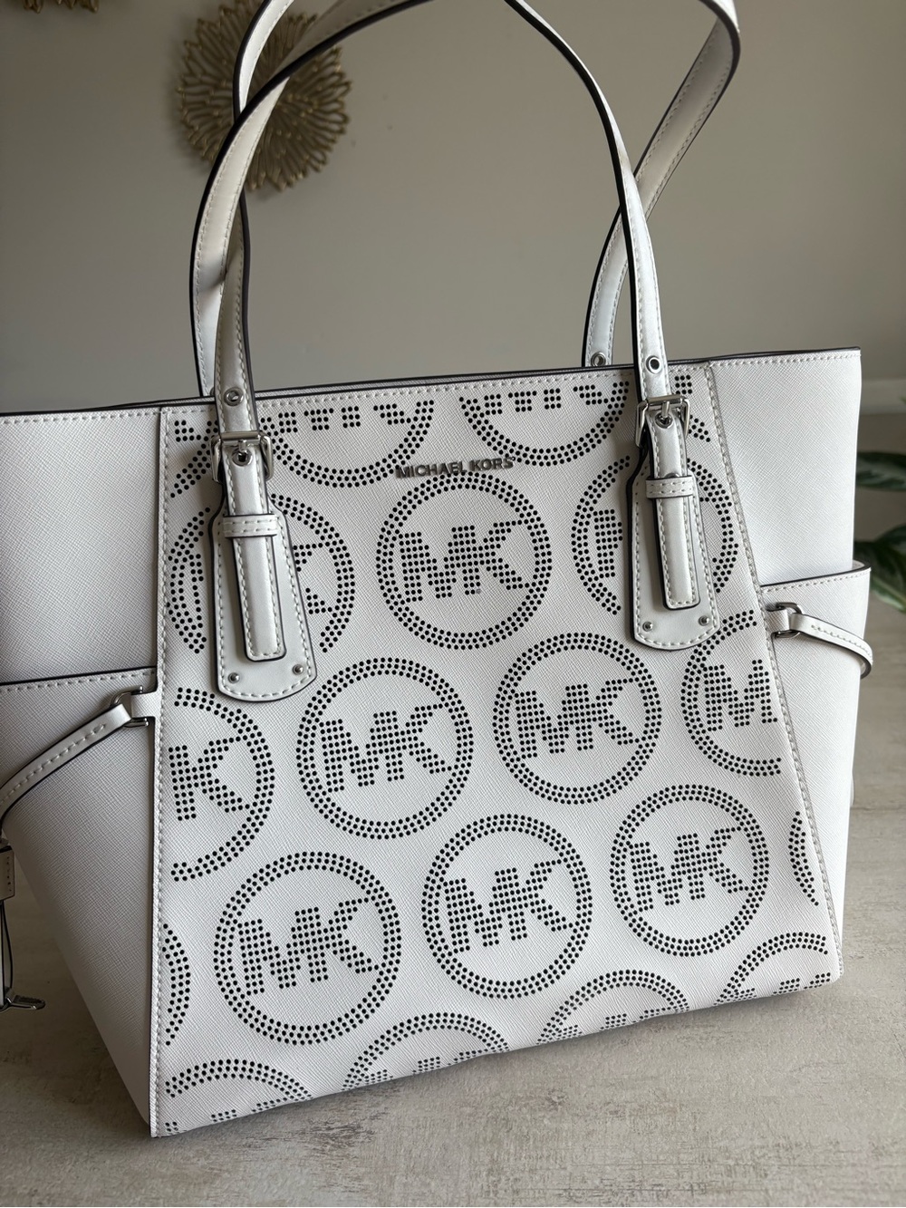 Michael Kors White Perforated MK Logo Tote